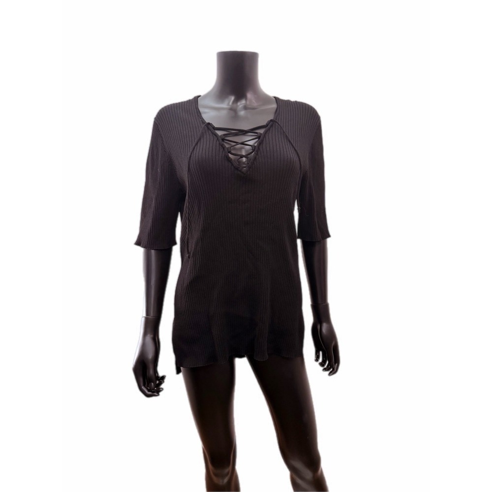 Lane Bryant Black Ribbed Lace-Up Tunic Top 18/20 Plus 3/4‎ Sleeve Stretch